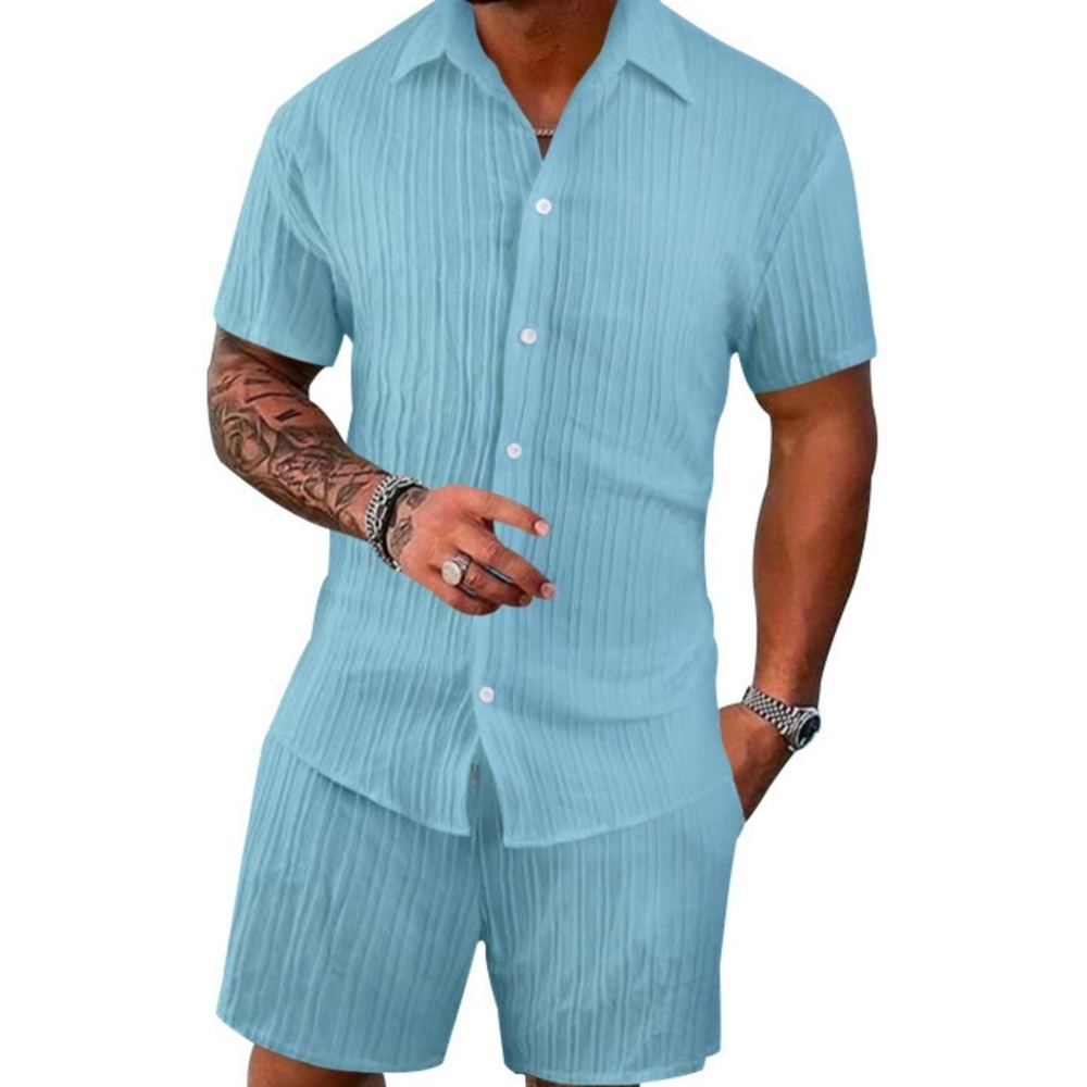 Men's Light Blue Short Sleeve Shirt and Shorts Set
